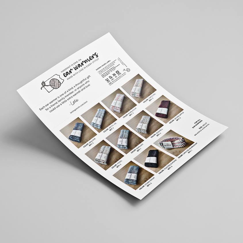 Shows a mockup of the informational flyer on a gray background. Flyer includes images of the different ear warmer colors.